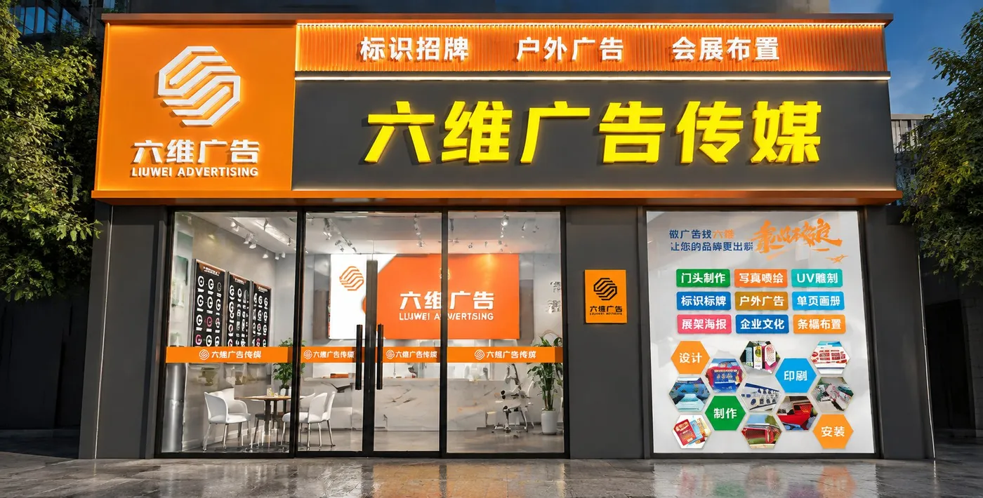 六维广告门店:橙色铝塑板门头与黄色发光字